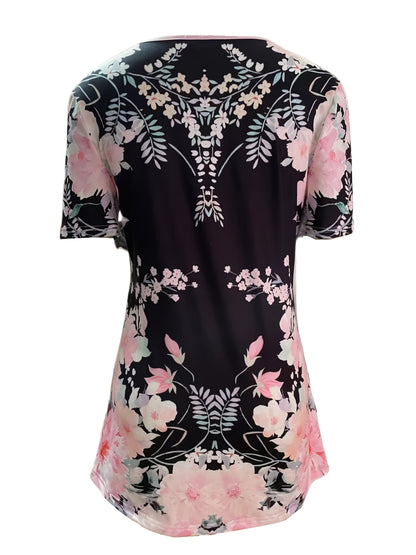 [Floral T-Shirt] Summer Floral Print Women's V-Neck T-Shirt | Layered Black & Pink Casual Short Sleeve Top, Machine Washable Polyester Blend | Versatile Layering Piece, Button Detail, Stretch Fabric