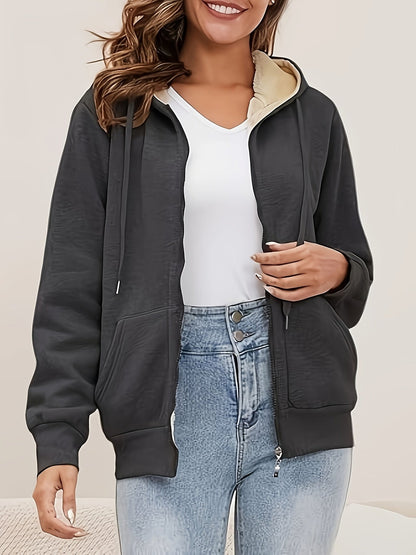 Sherpa Lined Hooded Zip-up Sweatshirt, Warm Fleece Jacket for Women