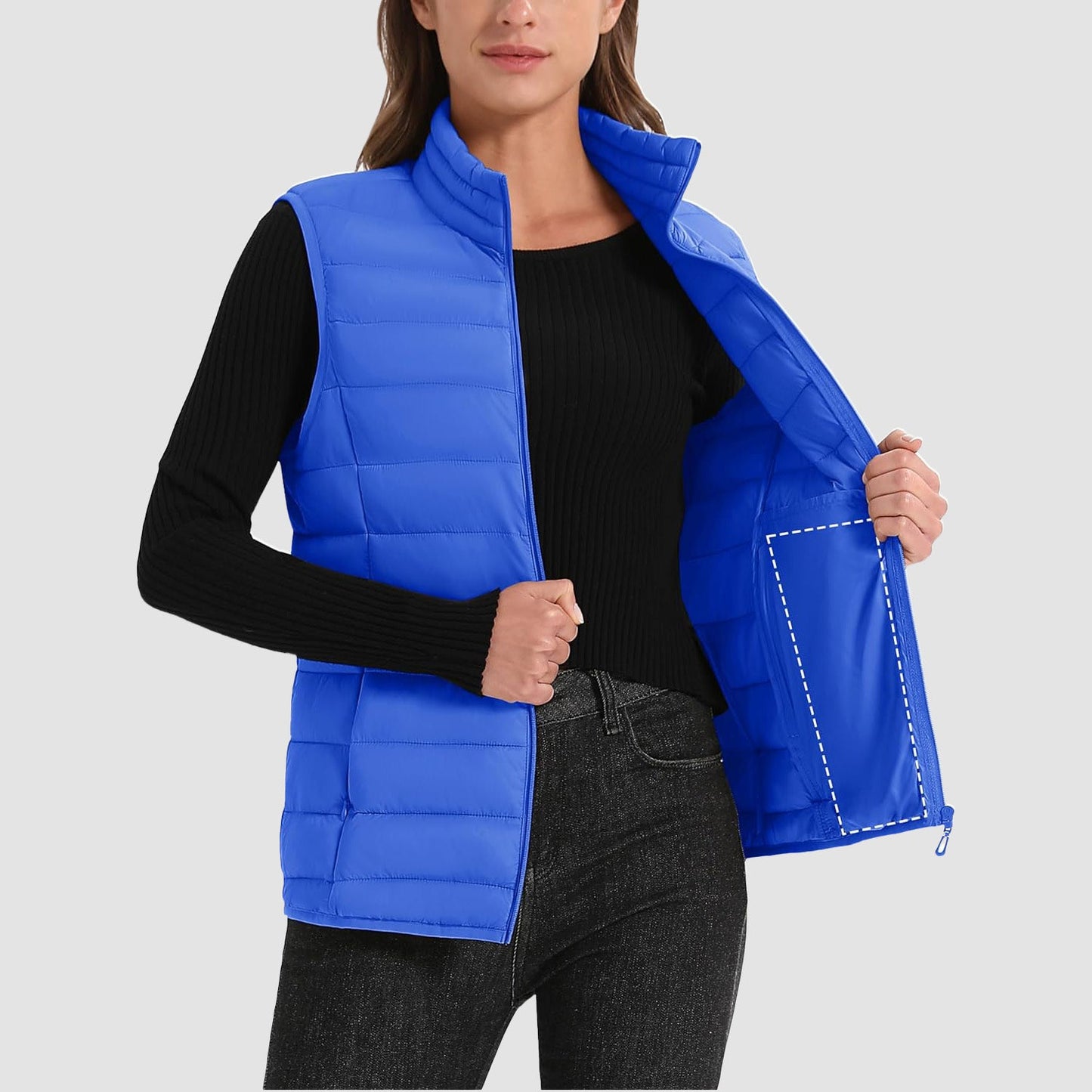 Pufferweste für Damen, leicht, Stehkragen, Reißverschluss, 4 Taschen, bauschige Westen, ärmellos, gesteppt, gepolsterte Oberbekleidung