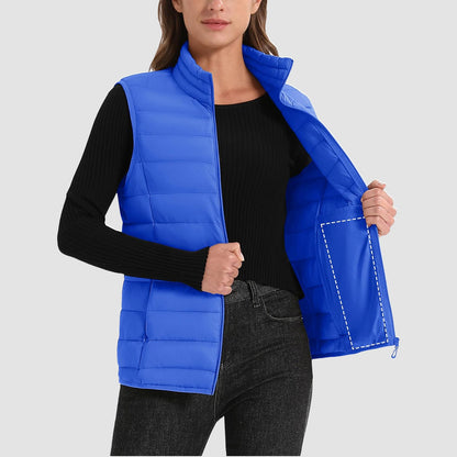 Pufferweste für Damen, leicht, Stehkragen, Reißverschluss, 4 Taschen, bauschige Westen, ärmellos, gesteppt, gepolsterte Oberbekleidung