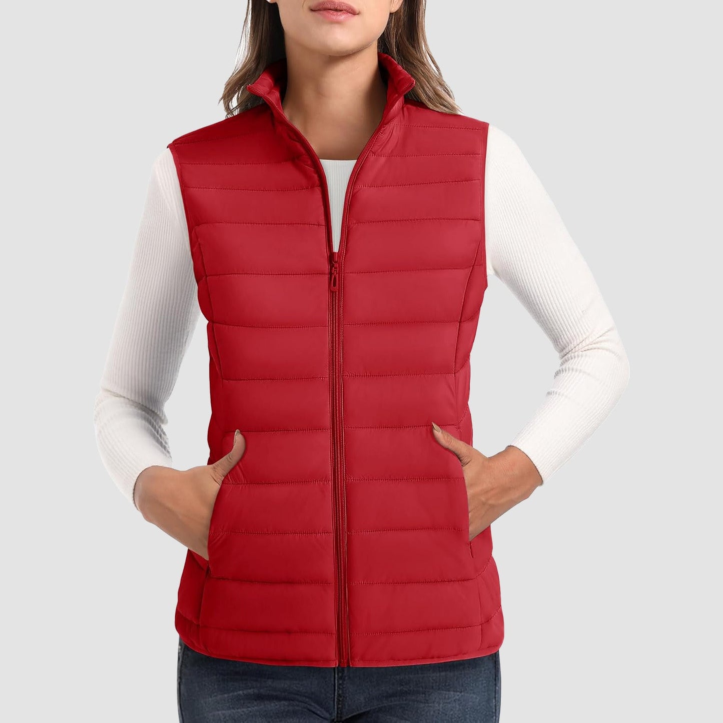Pufferweste für Damen, leicht, Stehkragen, Reißverschluss, 4 Taschen, bauschige Westen, ärmellos, gesteppt, gepolsterte Oberbekleidung