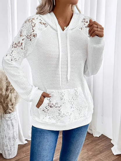 Women's Chic White Lace-Trimmed Hoodie – Casual Long Sleeve, Raglan Shoulders, Waffle Knit, Machine Washable