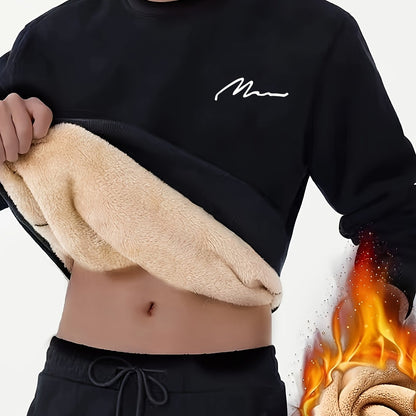 Men's Winter Fleece-Lined Sherpa Sweatshirt, Crew Neck, Casual Knit