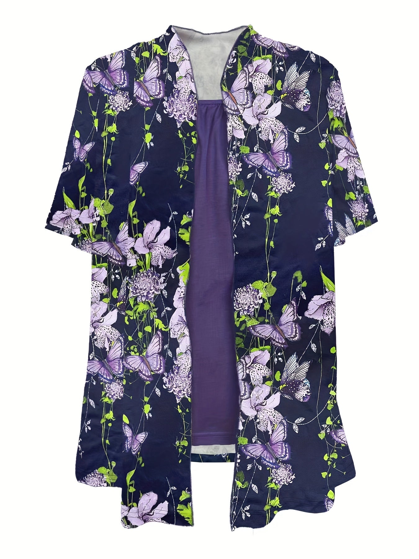 [Chic Butterfly Print Top] Vibrant Spring/Summer Chic Butterfly Print Top - Casual Crew Neck, Short Sleeve, Stretchy Polyester Blend, Machine Washable Faux Layered Pullover with Floral Accents