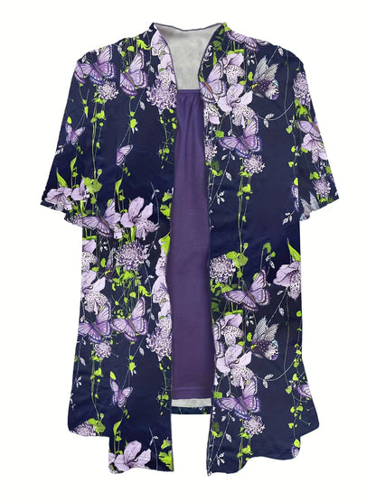 [Chic Butterfly Print Top] Vibrant Spring/Summer Chic Butterfly Print Top - Casual Crew Neck, Short Sleeve, Stretchy Polyester Blend, Machine Washable Faux Layered Pullover with Floral Accents