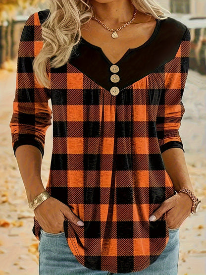 Camiseta xadrez com decote em V para mulheres, estilo boho, mangas compridas.