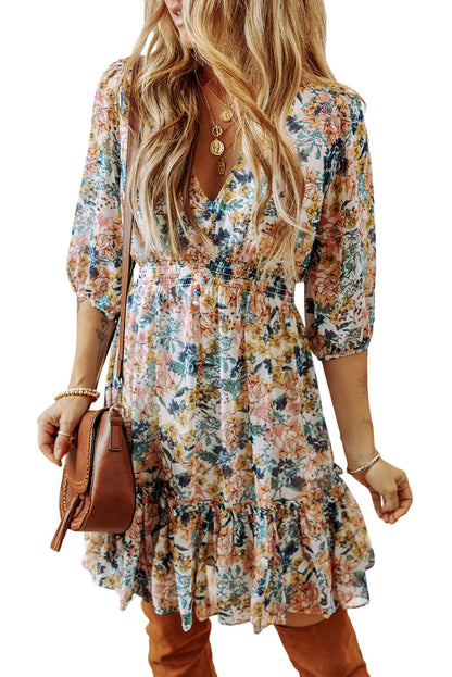 Floral 3/4 Sleeve V Neck Ruffled Dress