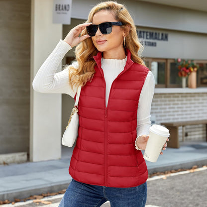 Pufferweste für Damen, leicht, Stehkragen, Reißverschluss, 4 Taschen, bauschige Westen, ärmellos, gesteppt, gepolsterte Oberbekleidung