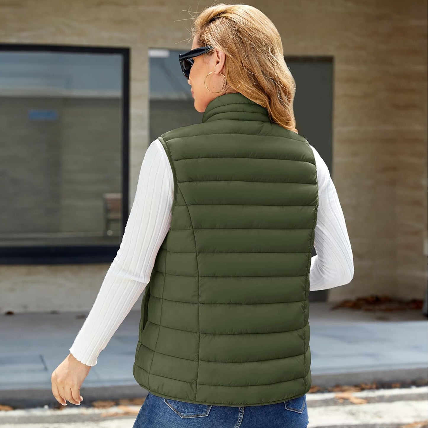 Pufferweste für Damen, leicht, Stehkragen, Reißverschluss, 4 Taschen, bauschige Westen, ärmellos, gesteppt, gepolsterte Oberbekleidung