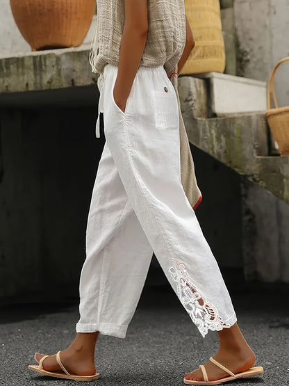 Chic Lace-Trimmed Elastic Waist Trousers - Breathable, Relaxed Fit for Spring & Summer - Womens Fashion Pants