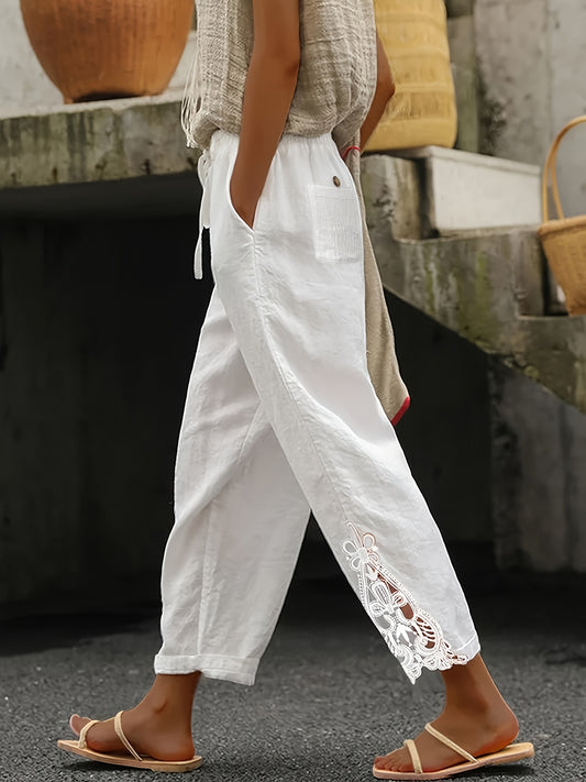 Chic Lace-Trimmed Elastic Waist Trousers - Breathable, Relaxed Fit for Spring & Summer - Womens Fashion Pants