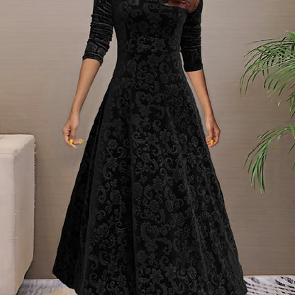Vestido longo liso, decote em V, manga comprida, estilo elegante para primavera/outono.