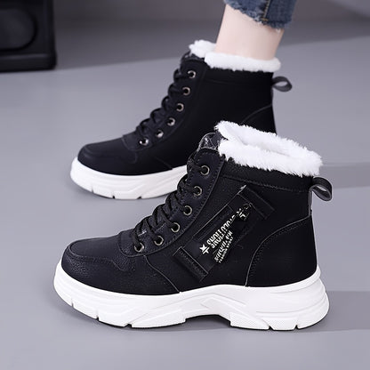 Botas de neve quentes de inverno femininas com zíper lateral - Sola grossa confortável, tênis de cano alto em cor sólida, botas de neve, sapatos para atividades ao ar livre