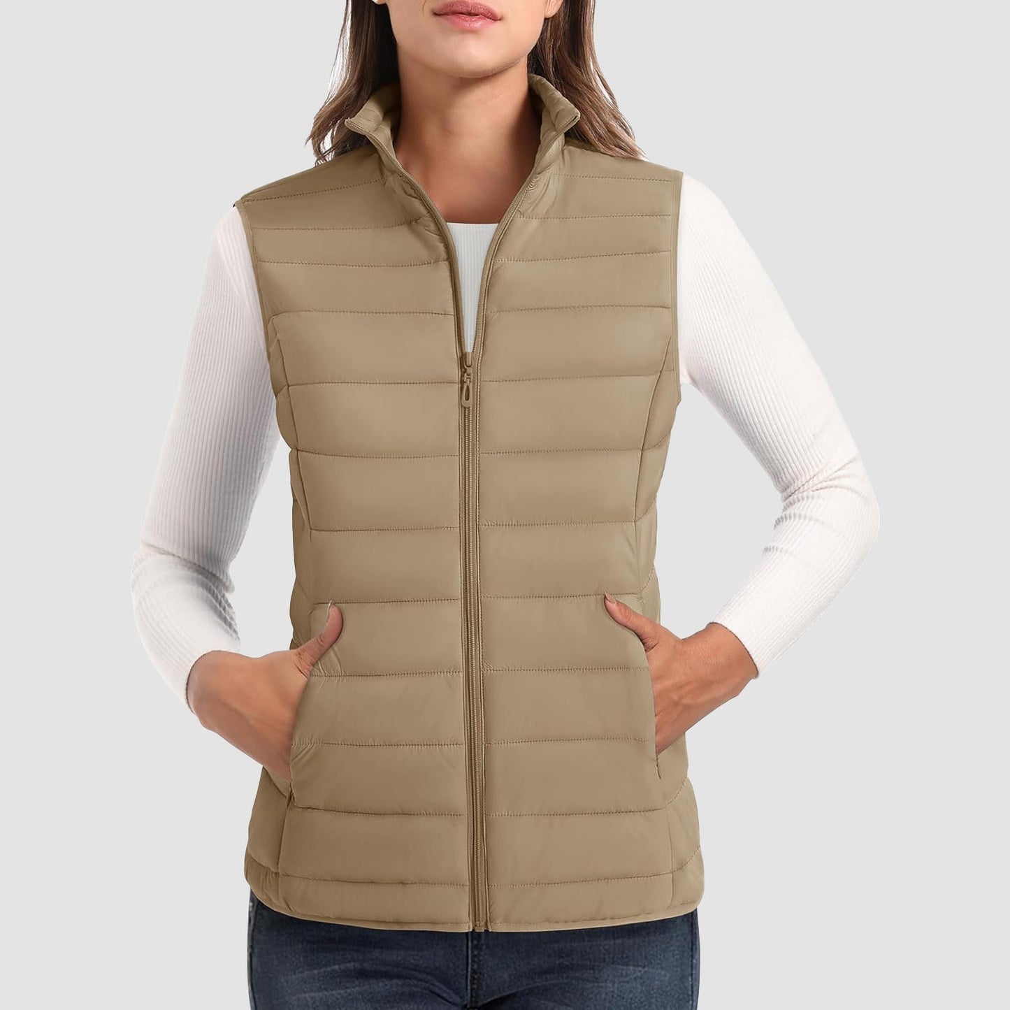 Pufferweste für Damen, leicht, Stehkragen, Reißverschluss, 4 Taschen, bauschige Westen, ärmellos, gesteppt, gepolsterte Oberbekleidung