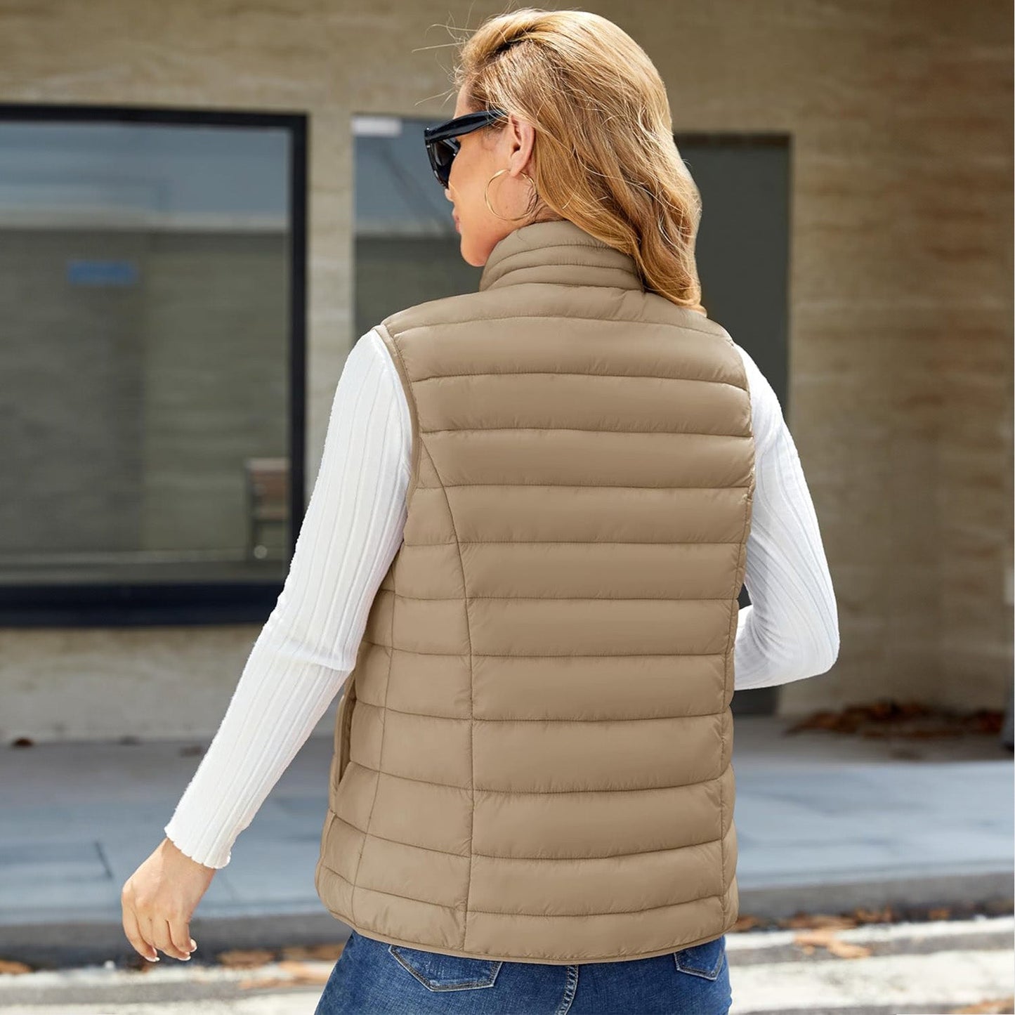Pufferweste für Damen, leicht, Stehkragen, Reißverschluss, 4 Taschen, bauschige Westen, ärmellos, gesteppt, gepolsterte Oberbekleidung