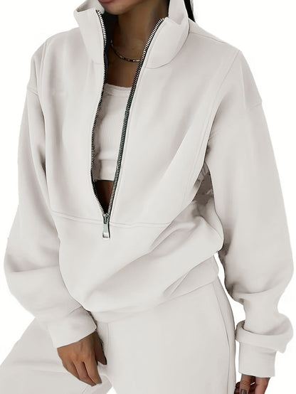 Solid Two-piece Set, Zip Front Sweatshirt & Elastic Waist Pants