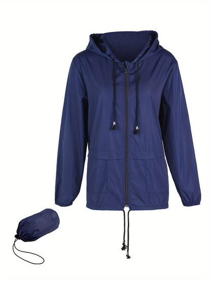 Women Packable Rain Jacket Outdoor Hooded Windbreaker with Adjustable Drawstring