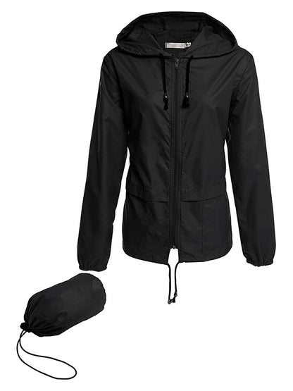 Women Packable Rain Jacket Outdoor Hooded Windbreaker with Adjustable Drawstring