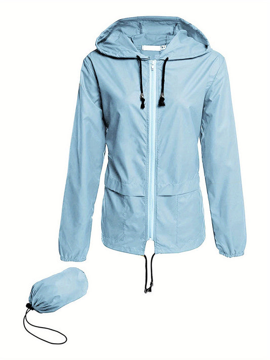 Women Packable Rain Jacket Outdoor Hooded Windbreaker with Adjustable Drawstring