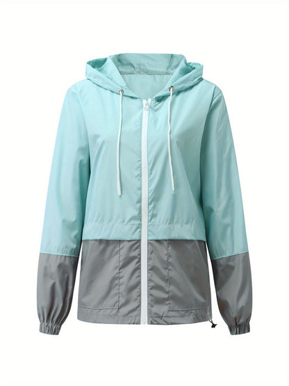 Women Packable Rain Jacket, Outdoor Color Block Hooded Windbreaker with Drawstring