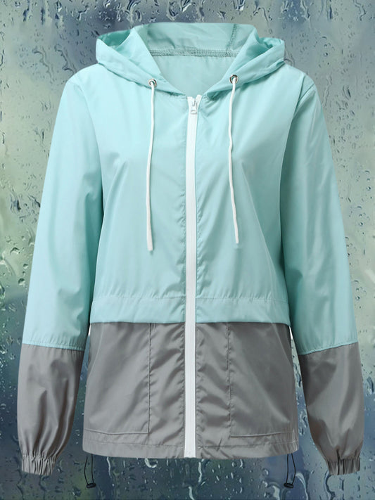 Women Packable Rain Jacket, Outdoor Color Block Hooded Windbreaker with Drawstring