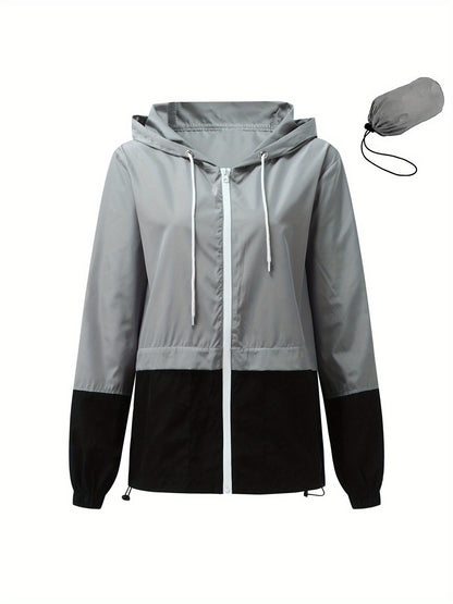 Women Packable Rain Jacket, Outdoor Color Block Hooded Windbreaker with Drawstring