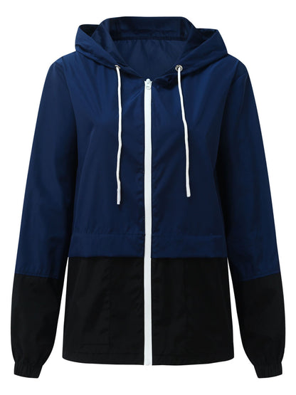 Women Packable Rain Jacket, Outdoor Color Block Hooded Windbreaker with Drawstring