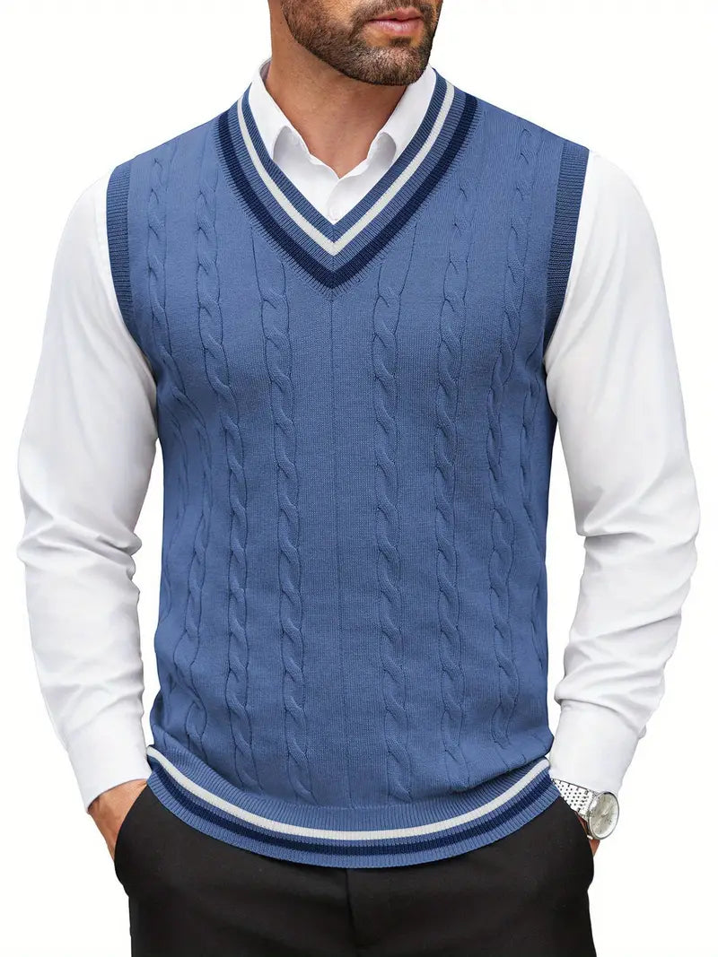 Colete de malha sem mangas com decote em V masculino, blusa casual de primavera e outono