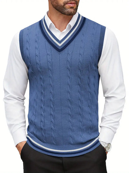 Colete de malha sem mangas com decote em V masculino, blusa casual de primavera e outono