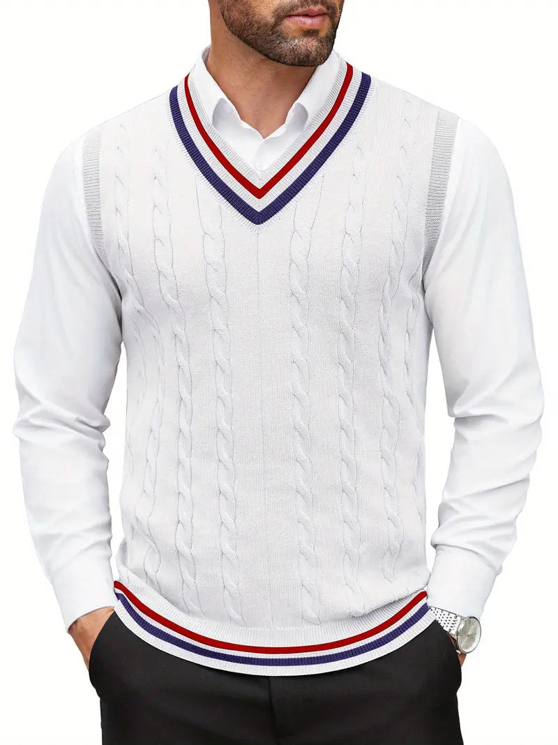 Colete de malha sem mangas com decote em V masculino, blusa casual de primavera e outono
