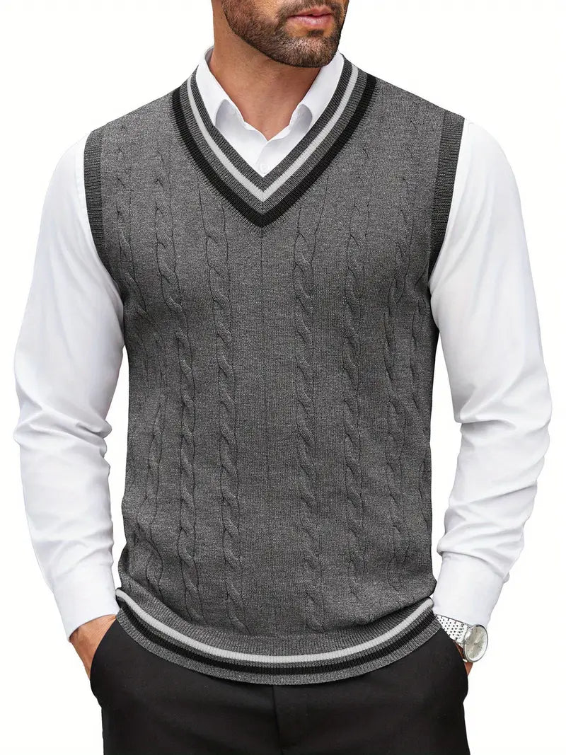 Colete de malha sem mangas com decote em V masculino, blusa casual de primavera e outono