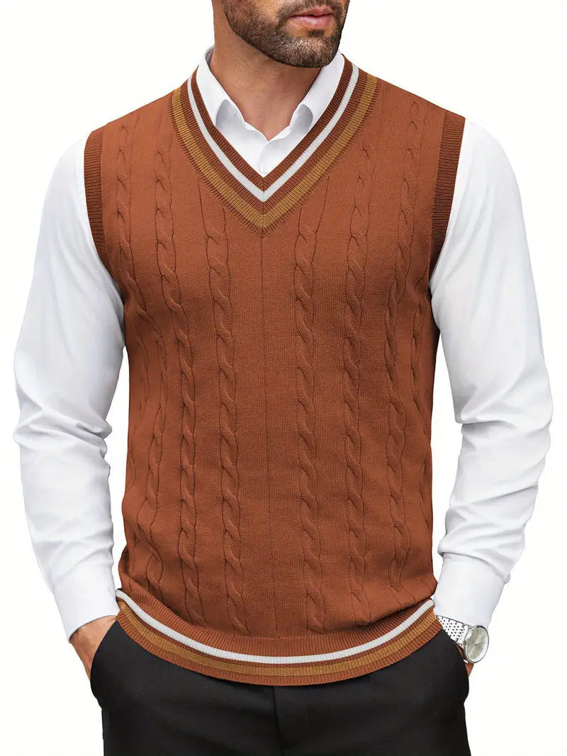 Colete de malha sem mangas com decote em V masculino, blusa casual de primavera e outono