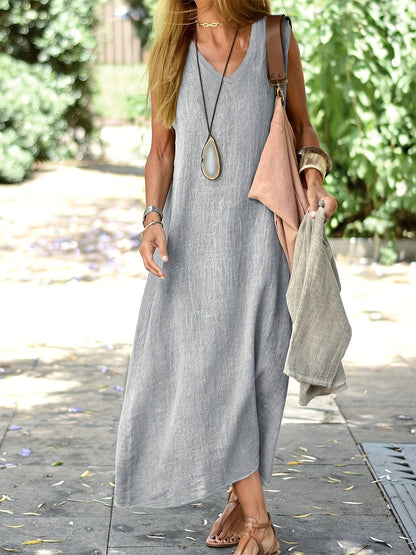 Vestido longo com decote em V, sem mangas, cor sólida, ideal para primavera e verão.