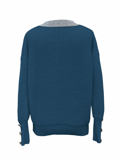 V-Neck Women's Sweater, Button Detail, Knit Polyester, Fall/Winter