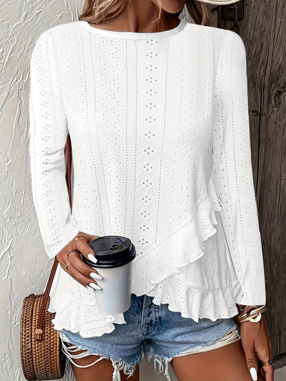 Camiseta feminina de manga comprida com babados e gola redonda, elegante e estilosa, primavera e outono, confortável e respirável, tecido jacquard de cor sólida