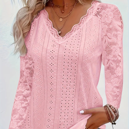 Elegant Contrast Lace V-neck T-shirt, Long Sleeve, Ideal for Spring & Fall.