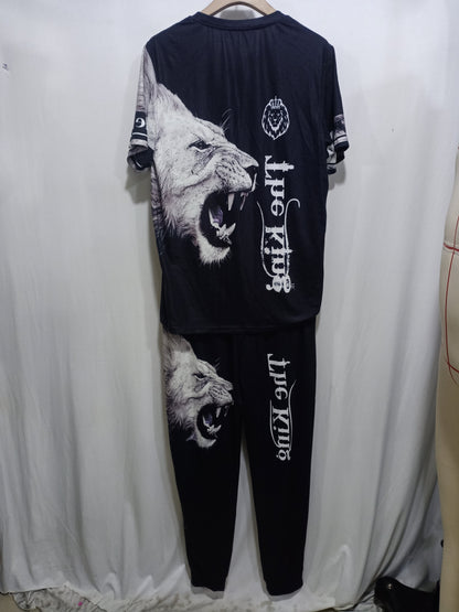 Men's 3D Lion Print Activewear Set, Tee & Pants