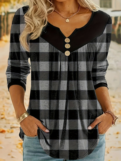 Camiseta xadrez com decote em V para mulheres, estilo boho, mangas compridas.
