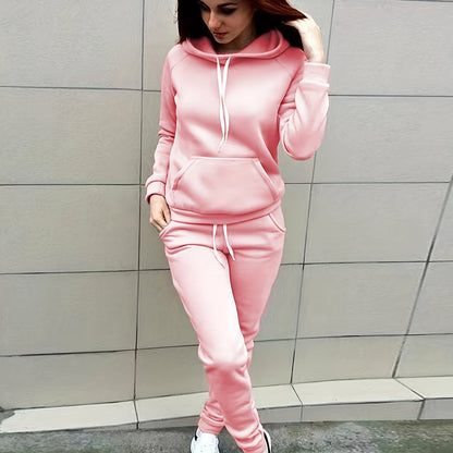 Solid Two-piece Set, Hoodie with Kangaroo Pocket & Drawstring Pants