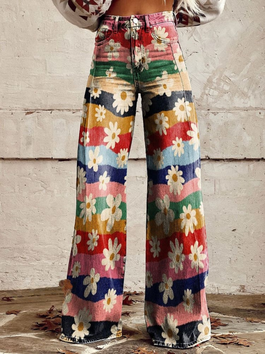 Lily™ - Calças largas com estampa floral listrada colorida vintage