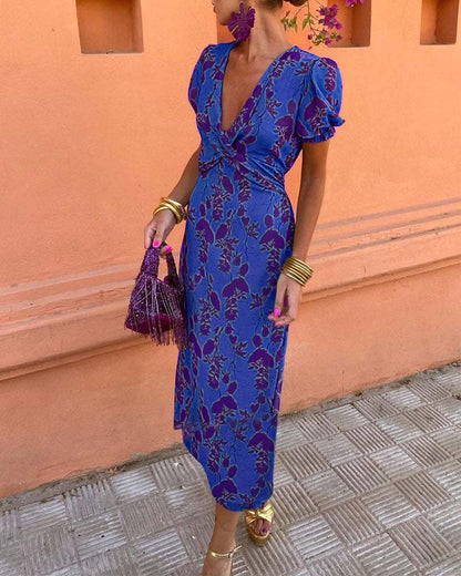 Aria™ - Vestido elegante com decote em V profundo e padrão de folhas