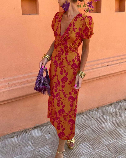 Aria™ - Vestido elegante com decote em V profundo e padrão de folhas