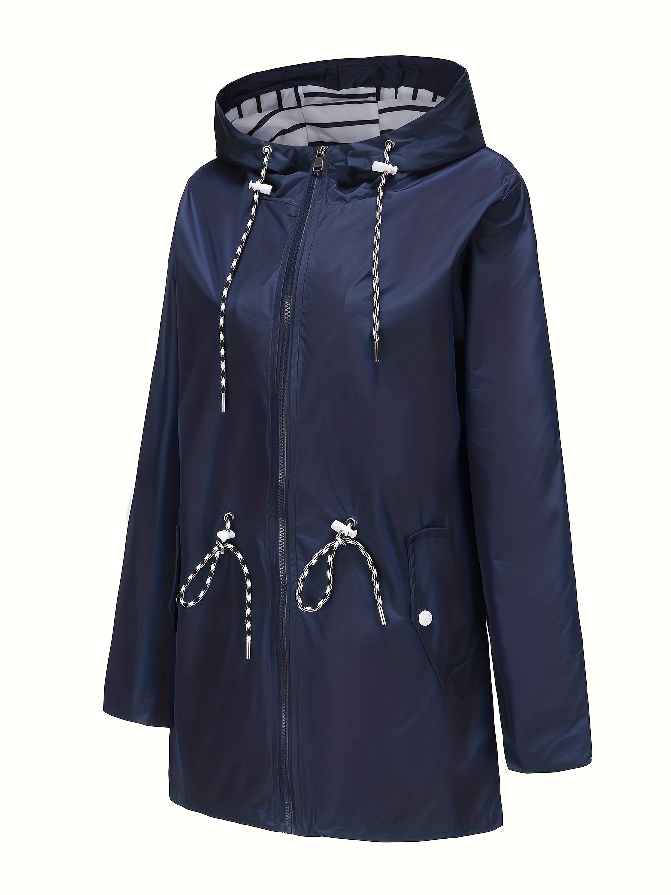 [Cozy Comfort] Women's Waterproof Long Sleeve Hooded Raincoat - Mid-Length Casual Sporty Style with Adjustable Drawstrings, Pockets, and Belt Detail - Olive Green Polyester Jacket for Outdoor Activities