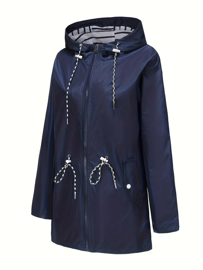 [Cozy Comfort] Women's Waterproof Long Sleeve Hooded Raincoat - Mid-Length Casual Sporty Style with Adjustable Drawstrings, Pockets, and Belt Detail - Olive Green Polyester Jacket for Outdoor Activities