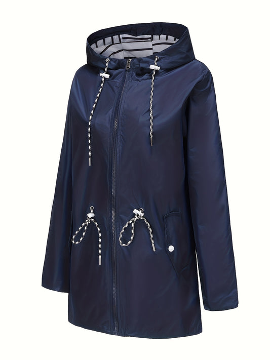 [Cozy Comfort] Women's Waterproof Long Sleeve Hooded Raincoat - Mid-Length Casual Sporty Style with Adjustable Drawstrings, Pockets, and Belt Detail - Olive Green Polyester Jacket for Outdoor Activities