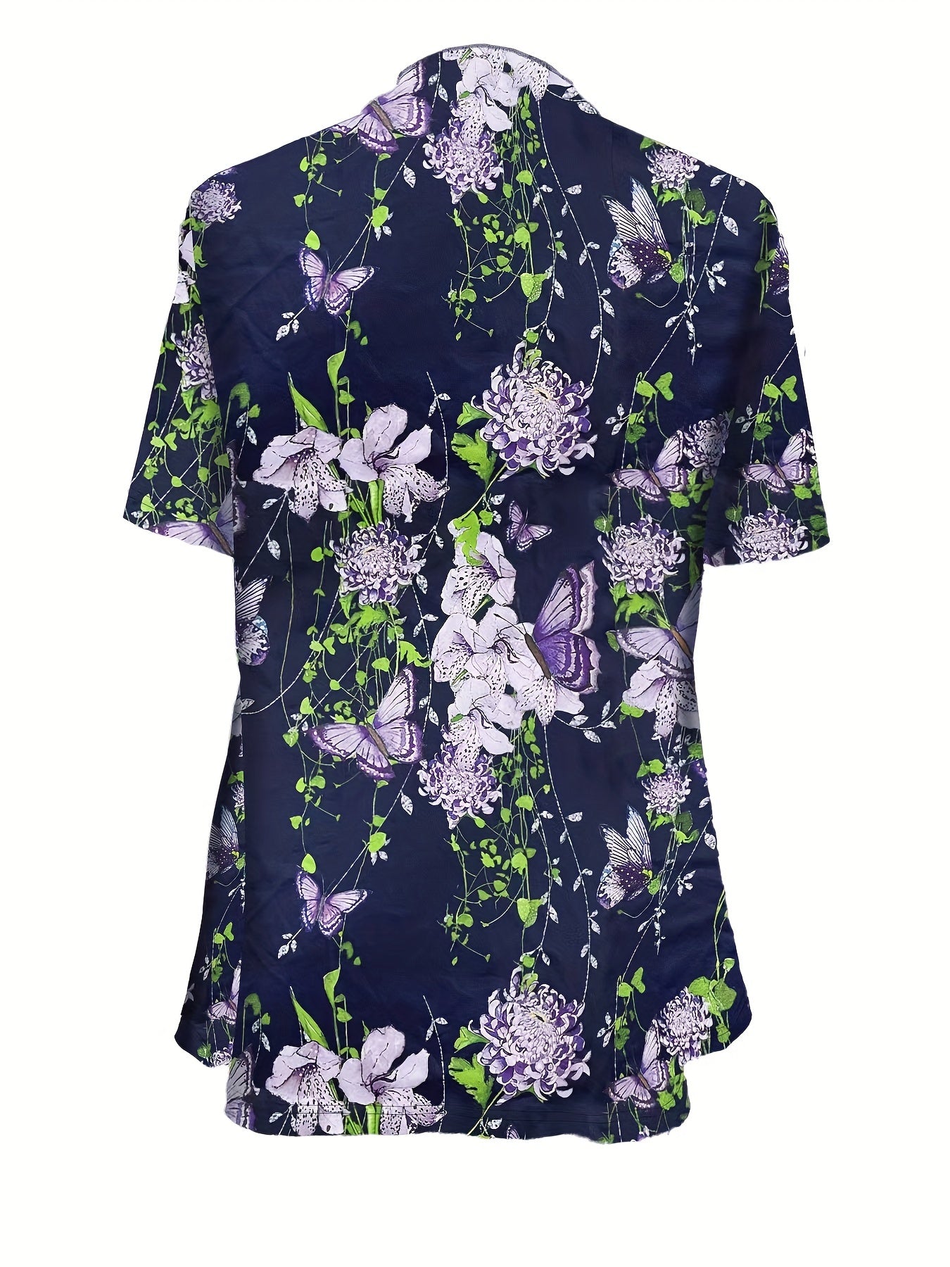 [Chic Butterfly Print Top] Vibrant Spring/Summer Chic Butterfly Print Top - Casual Crew Neck, Short Sleeve, Stretchy Polyester Blend, Machine Washable Faux Layered Pullover with Floral Accents