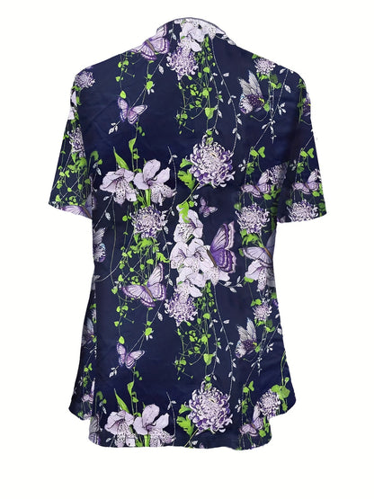 [Chic Butterfly Print Top] Vibrant Spring/Summer Chic Butterfly Print Top - Casual Crew Neck, Short Sleeve, Stretchy Polyester Blend, Machine Washable Faux Layered Pullover with Floral Accents