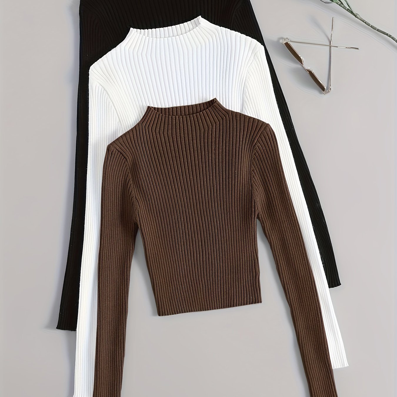 Solid Mock Neck Rib Knit Top 3-Pack - Casual Long Sleeve Slim Sweater