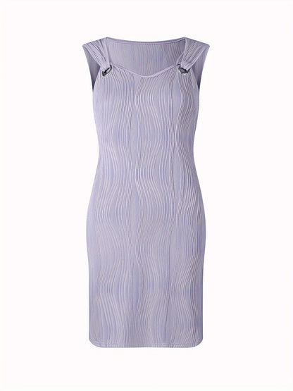 Vestido curto listrado ondulado, decote em V, sem mangas, estilo casual.