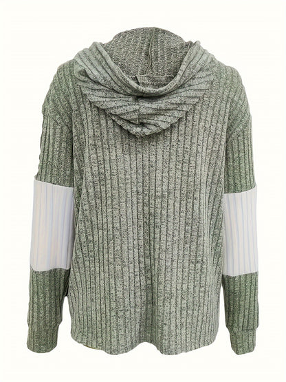 Color Block Zip-Up Hoodie, Casual Rib Knit Sweatshirt.